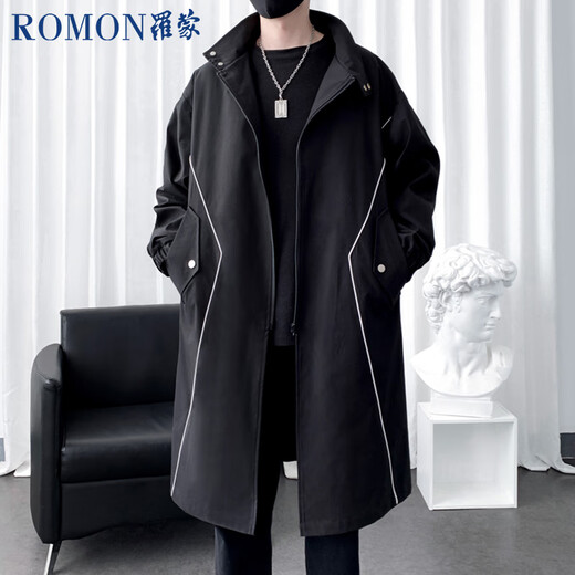 ROMON windbreaker jacket men's mid-length autumn and winter high-end business casual cloak coat men's khaki L