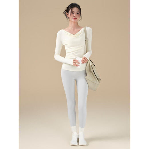 LULU CENTURY high-looking yoga wear top for women in autumn and winter with swing collar sports long-sleeved Pilates training fitness T-shirt beige straight shoulder swing collar / pleated waist S (recommended 80-95Jin Jin equals 0.5kg)