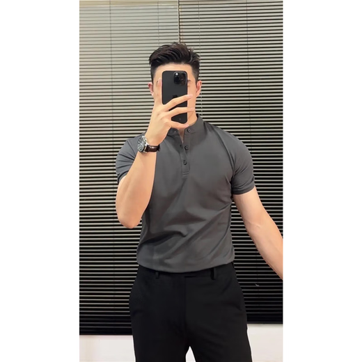 Qing Muqi high-quality business half-sleeved POLO shirt for men's summer new style blue right-shoulder Henry collar design short-sleeved T-shirt blue stand-up collar polo short-sleeved M recommended 90-105Jin Jin equals 0.5 kg