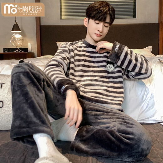 Pajama de terciopelo de coral modal para hombres Autumn and Winter Style más terciopelo engrosado Set cálido Flannel Ropa para el hogar de invierno para hombres K3892- L 100-130Jin [Jin iguala 0.5 kg]