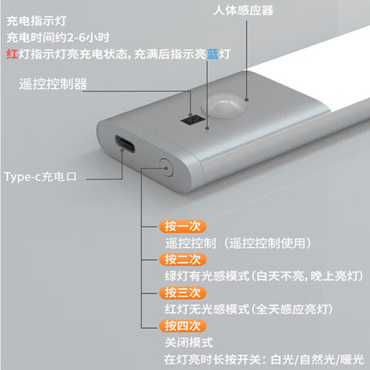 Intelligent Wireless Sensor Light Wardrobe Light Cabinet Light Wine Cabinet Light Porch Human Body Sensor Light Ultra-Thin Wiring-Free LED Light Strip 60cm Three Color Silver Remote Control + Human Body Sensor Dual Mode
