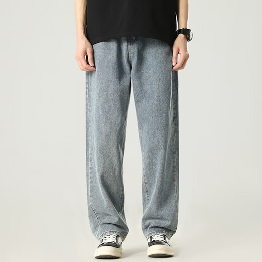 Foss Phil jeans for men in autumn and winter, versatile, slim, loose, straight, trendy wide-leg American casual pants, medium blue XL