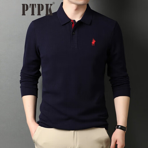 PTPK trendy brand embroidered Paul cotton long-sleeved polo shirt for men spring and autumn new business casual men's lapel t-shirt navy blue L 50 recommended 130-150Jin Jin equals 0.5 kg