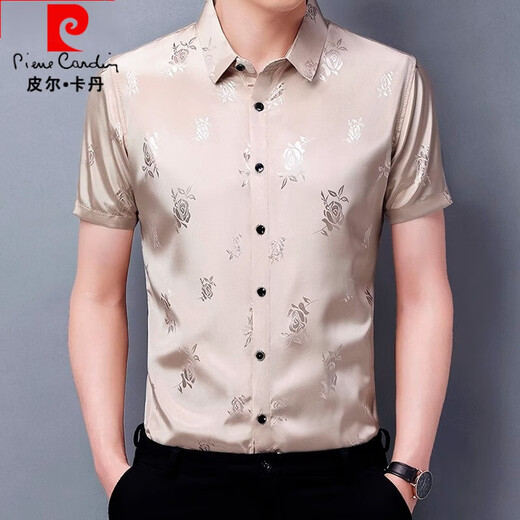 Pierre Cardin Summer Camisa de manga corta Men Estilo chino Vestido de novia festivo de mediana edad.