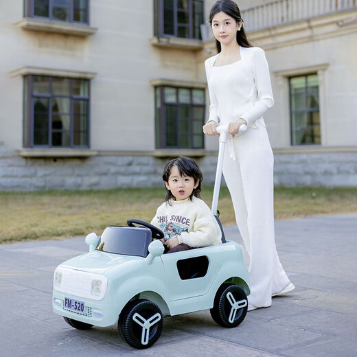 Funbao children's electric car four-wheel remote control car toy car can seat men and women and children sliding baby charging stroller gift mint green push rod + large battery + remote control