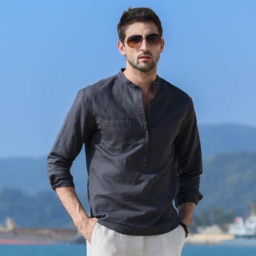 Cangishi Kazuki Cangishi Kazuki high-end cotton and linen Henry collar shirt men's trendy brand 2025 summer new stand-up collar long-sleeved shirt spring and autumn dark gray L