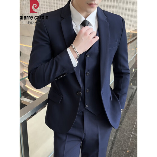 Pierre Cardin high-end light luxury suit men's jacket Korean style slim professional formal dress groom wedding dress small suit for men one button black suit + pants + shirt + vest + M (recommended 80-95Jin Jin equals 0.5kg to wear)