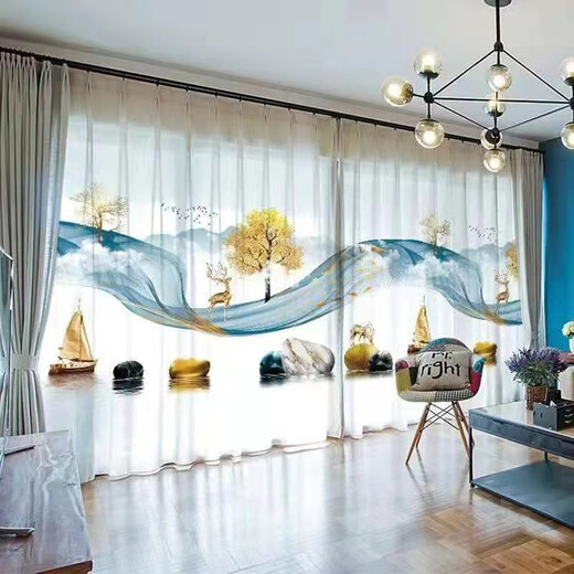 Transparent and opaque 5D three-dimensional ink landscape painting Chinese style gauze curtain for living room, bedroom, study, balcony, tea room partition curtain Thickened and opaque