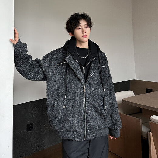 The most beautiful retro woolen hooded fake two-piece jacket for men in autumn and winter new design trendy casual tops gray XL recommended 125-145Jin Jin equals 0.5 kg