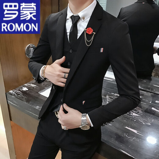 ROMON groom and best man wedding suit Korean style small suit slim and trendy three-piece men's business casual formal suit black suit + vest + trousers shirt tie L