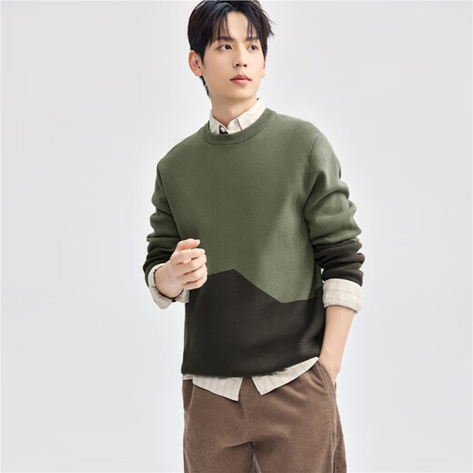 Giordano sweater men's autumn and winter new combed pure cotton color-blocking round neck pullover knitted sweater men 01054781 53 wreath green L