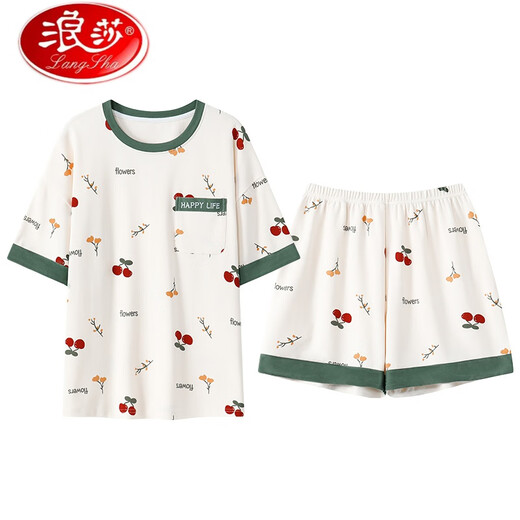 浪莎（LangSha）自带胸垫睡衣女款短袖短裤夏季纯棉薄款免文胸一体家居服 带胸垫短套 G1047 M 女70-90斤