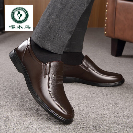 Woodpecker men's leather shoes business casual genuine leather non-slip soft sole soft surface middle-aged and elderly dad's shoes genuine leather breathable foot cover black single layer 42