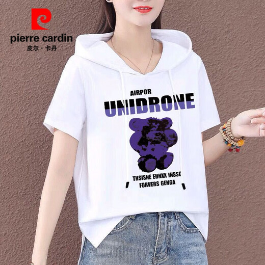 皮尔卡丹纯.棉连帽t恤女短袖2025年夏季减龄显瘦半袖宽松韩版纯棉卫衣女潮 白色-693 XL 建议110-125斤