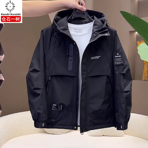 Kuraishi Kazuki cotton jacket men's winter thickened warm hooded workwear trendy casual assault top black thick 2XL (recommended weight 140-160Jin Jin equals 0.5 kg)