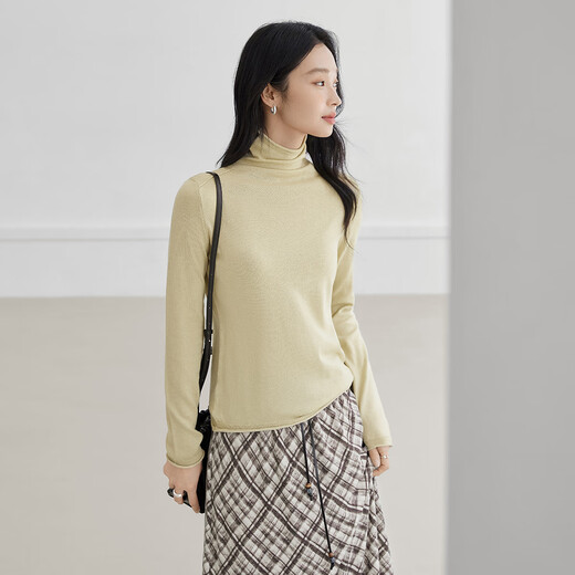 Dialogue (DUIBAI) cashmere + sheep wool solid color curled turtleneck sweater for women 2025 winter new knitted bottoming sweater, light bud yellow M
