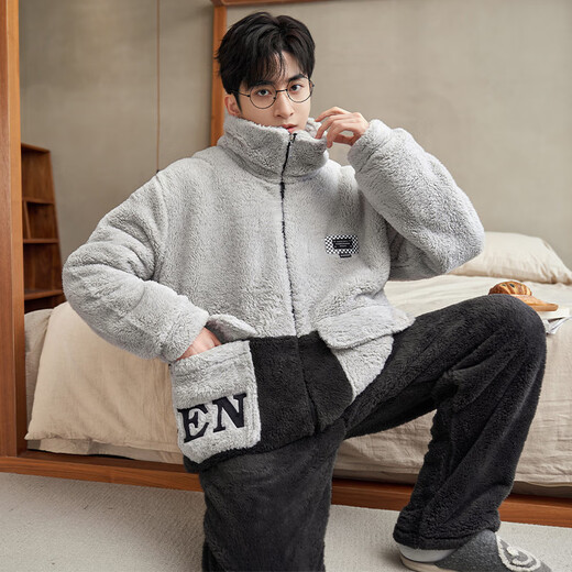 少年情话男士珊瑚绒睡衣秋冬季加厚加绒卡通学生冬天休闲家居服套装可外穿 1349N浅灰黑（加厚加绒） 标准XL(高172-177 130-150斤)