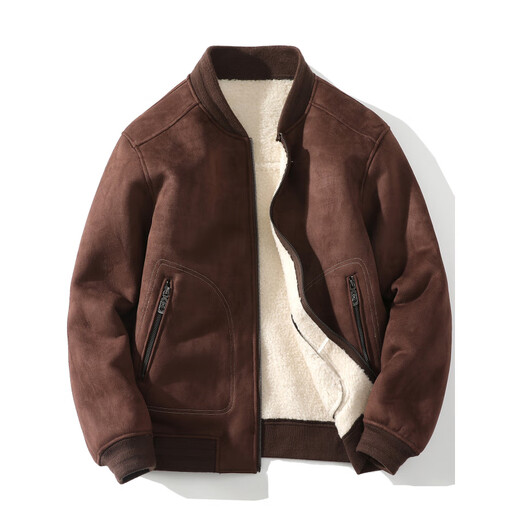 Yu Mengxindi frosted suede leather jacket for men in autumn and winter new suede wool jacket baseball jacket fur all-in-one jacket light brown L recommended 95/125 Jin Jin equals 0.5 kg