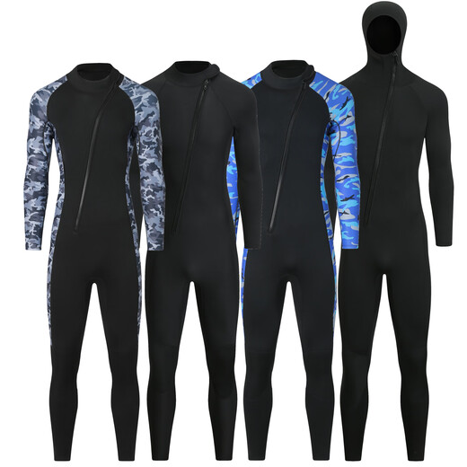 Cross-border 3MM one-piece wetsuit for men in the sea, cold-proof wetsuit, warm swimsuit, snorkeling paddle board surfing suit, rescue 3mm camouflage gray hooded S S