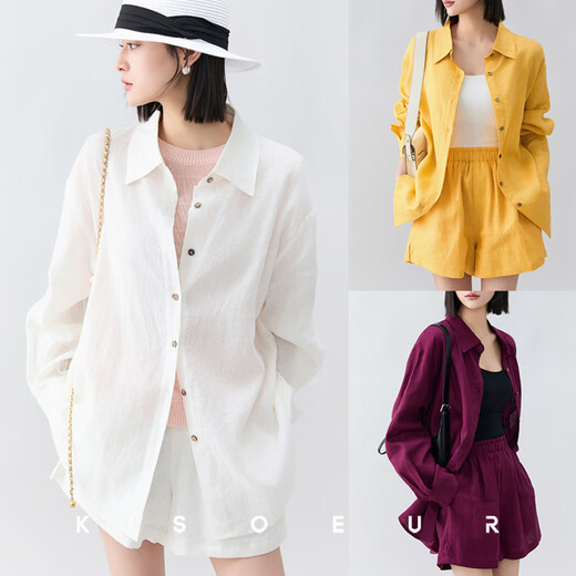 KSOEURK sister 100 linen light oxygen suit lapel single-breasted shirt + elastic waist shorts suit white-shirt S