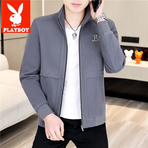 Playboy (PLAYBOY) Men's new stand-up collar jacket zipper shirt top spring and autumn casual fashion Korean style young handsome boy jacket 2687 black 2XL
