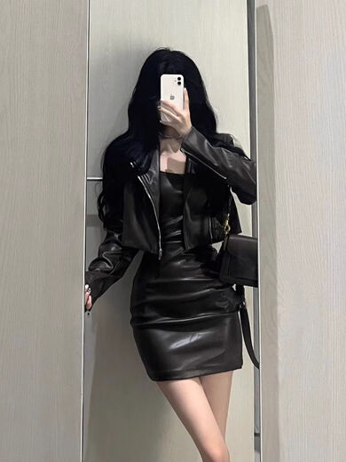 GUOCILRN套装女2025春秋新款辣妹短款皮衣外套夹克吊带连衣裙显瘦包臀裙潮 单件黑色外套 S [80-95斤]