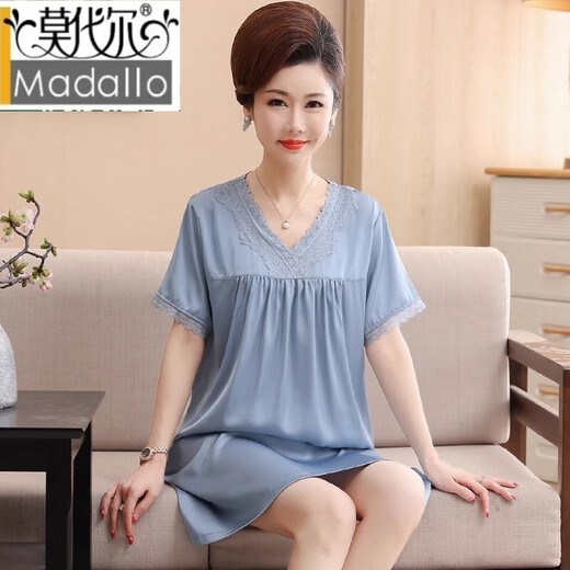 莫代尔妈妈睡裙女夏季冰丝薄款短袖中老年睡衣裙夏天中裙家居服 WH-719 XXXL(建议穿160斤-180斤)