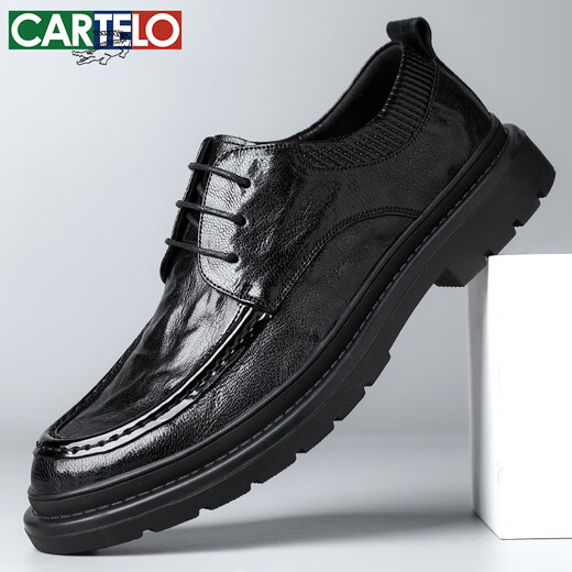 CARTELO crocodile (CARTELO) first layer sheepskin business shoes men's hand scratch pattern men's casual leather shoes British warm men's shoes 9676 black 40