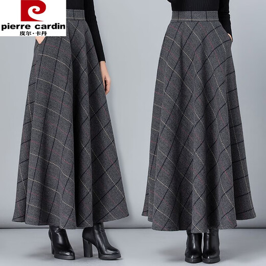 Pierre Cardin's new woolen plaid skirt women's mid-length autumn and winter slimming temperament high-waisted A-line skirt casual long skirt dark gray plaid 2XL