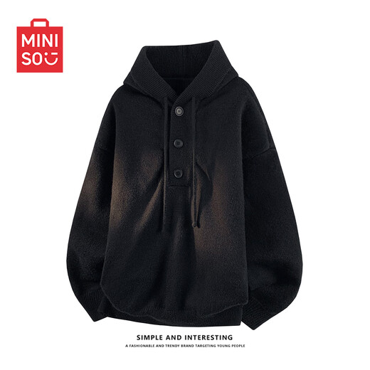 MINISO American trendy hooded pullover sweater for men in autumn and winter, casual and versatile Henry collar sweater for men, black L