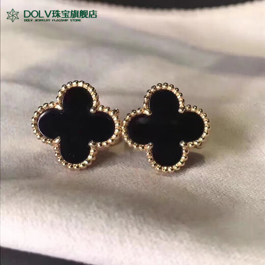 Fat Donglai's same four-leaf clover 18K gold stud earrings, 18k rose natural mother-of-pearl red and black agate needle earrings, earrings black (18k gold)