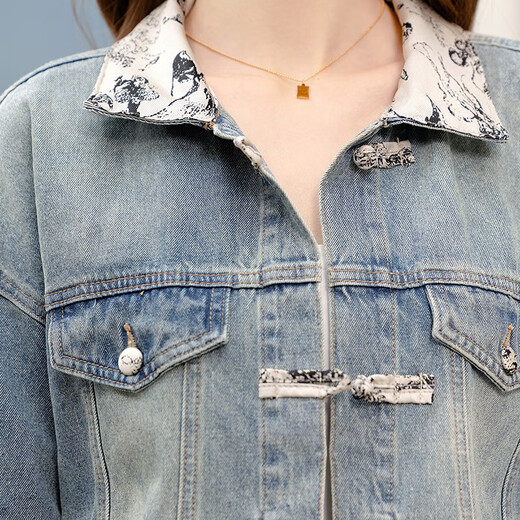 She Pool Denim Jacket 2025 Autumn New Women's Clothing Nuevo chino Estilo chino El lavado de hebilla de la solapa empalmada