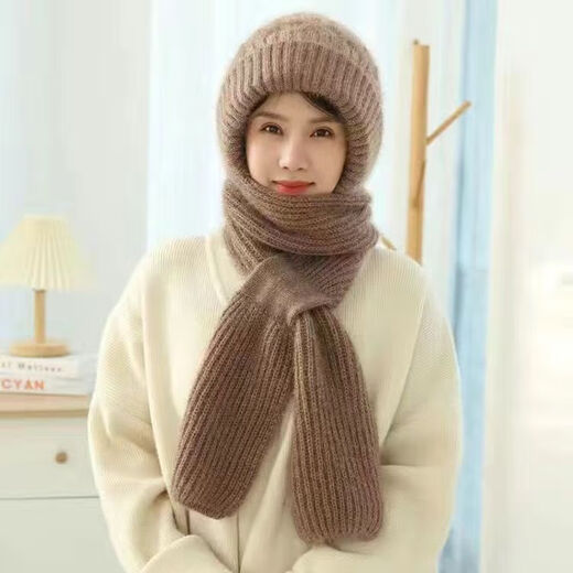 Changyin New Winter Knitted Snow Hat Cycling Warm Mom Fashionable Ear Protection Baotou Hat Women's Hat Scarf All-in-One Hat Elegant Camel
