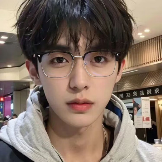 鲸逐痞帅斯文半框近视眼镜理工男学生防蓝光黑武士大框平光镜可配度数 亮黑银 0度防蓝光平光镜