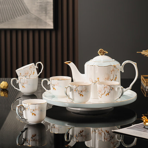 Yanze bone china rotatable water set tea set teapot teacup set opening housewarming gift light luxury high-end gift box bone china magnolia branch set-wooden gift box