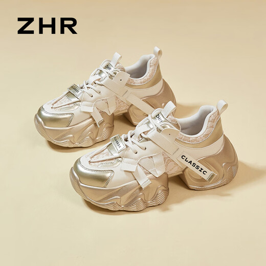ZHR dad shoes for women with lightweight thick sole heightened casual shoes versatile trendy round-toe women's shoes G677 gold 36