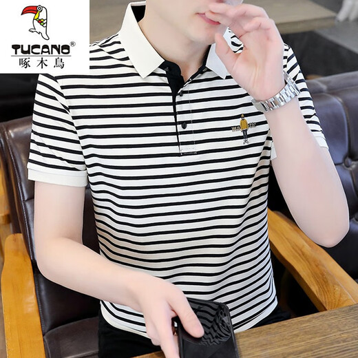 啄木鸟（TUCANO）男士条纹POLO保罗衫短袖t恤男夏季纯.棉半袖新款高端刺绣上衣服男 Y6626卡其色 XL 【1020-135】斤