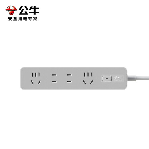Bull (BULL) socket basic model master control switch drag strip porous long line multi-functional electrical plug-in board with child protection door/new national standard/row plug/wiring board gray Z generation series four-socket master control 1 meter-Z1221J meteorite gray
