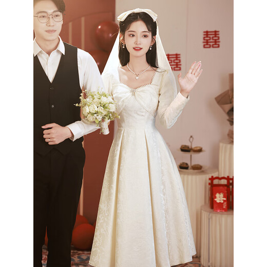 麦斯贝思白色礼服女宴会晚礼服订婚连衣裙日常可穿领证登记小白裙小个子夏 白色 M 建议96-105斤
