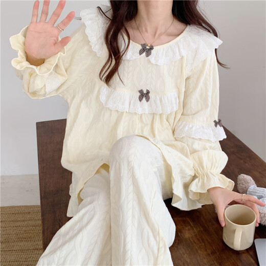 TULX睡衣女宫廷风秋季女款甜美小个子2023新款棉长袖家居服春秋款 杏色6210#【33Y】 M 75-95斤