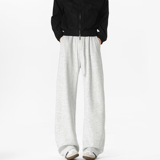 Homlean American drape casual pants for men in spring and summer straight loose scimitar long pants JC01 white flower gray L