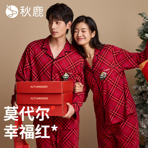 Autumn Deer Couple Pajamas Women Autumn Red Modal Cotton Plaid Cardigan Long Sleeve Men Wedding Home Clothes Suit New Year Gift Big Red Women (01) M