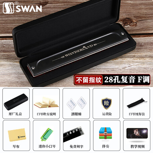 Swan (SWAN) Gongs importados de Alemania Swan Armónica de acento polifónico de 28 hoyos Instrumento de rendimiento profesional principiante avanzado para adultos Tecla F de 28 hoyos Polifonía negra mate + juego completo de regalos