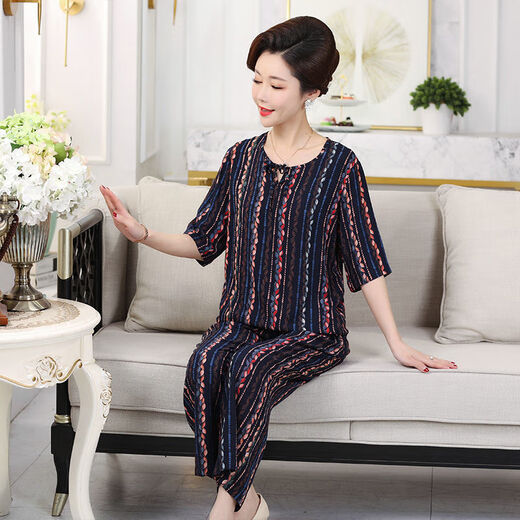 安梦影棉绸中老年女装中袖棉绸套装大码中老年夏季衣服女时尚妈妈装两件 橄榄绿 9226 均码 l 85-105斤
