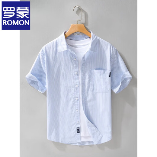 ROMON men's pure cotton short-sleeved shirt Japanese casual summer thin new striped shirt trendy splicing top 9740 light blue M