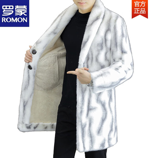 ROMON double-sided fur all-in-one coat for men, mid-length suit collar windbreaker, men's winter thickened and warm mink velvet coat 3217 white long M about 90~115Jin Jin equals 0.5kg can be worn