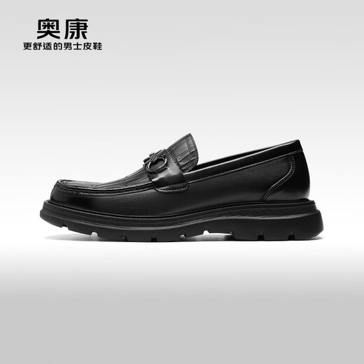 奥康（Aokang）官方男鞋 春秋季石头纹休闲皮鞋马衔扣舒适乐福鞋【门店发货】 黑色 6241614068 42 260mm