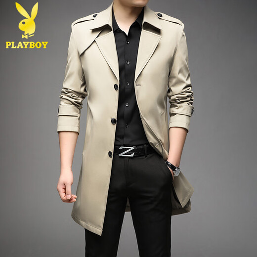 Playboy windbreaker men's autumn and winter new high-end mid-length slim fit light business casual plus velvet 2004 British men's jacket trend thickened 8908 cotton black 165/M recommended 100-115 Jin Jin is equal to 0.5 kg to wear
