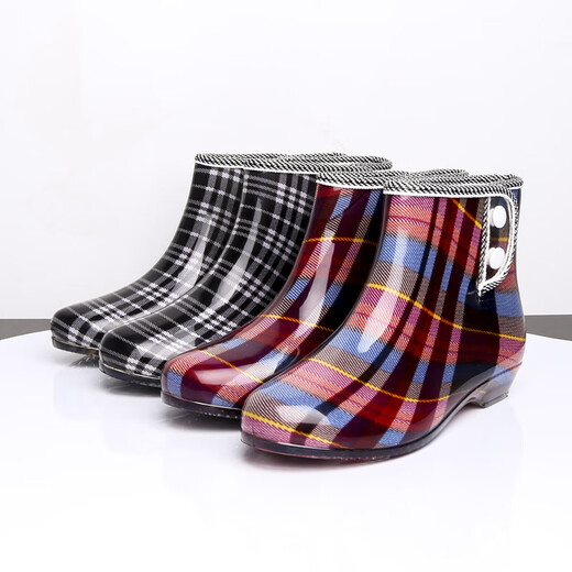 傲列日韩春夏通用成人雨鞋女款短筒雨靴水鞋纽扣低帮水靴胶鞋雨鞋 红纹 38