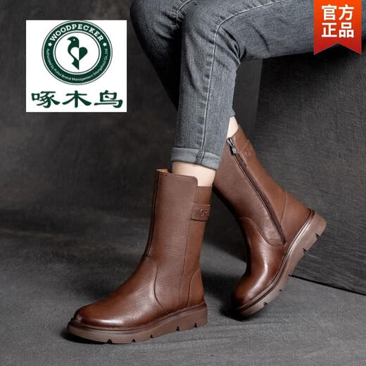 Holzspecker Offizielle Leder Martin Boots Herbst und Winter Neue Mittelröhrenstiefel weiche Sohle Low Heel Vielseitige Motorrad-Motorrad-Frauenstiefel flache Mutterstiefel Schwarz Plüsch Flaggschiff Modell 37
